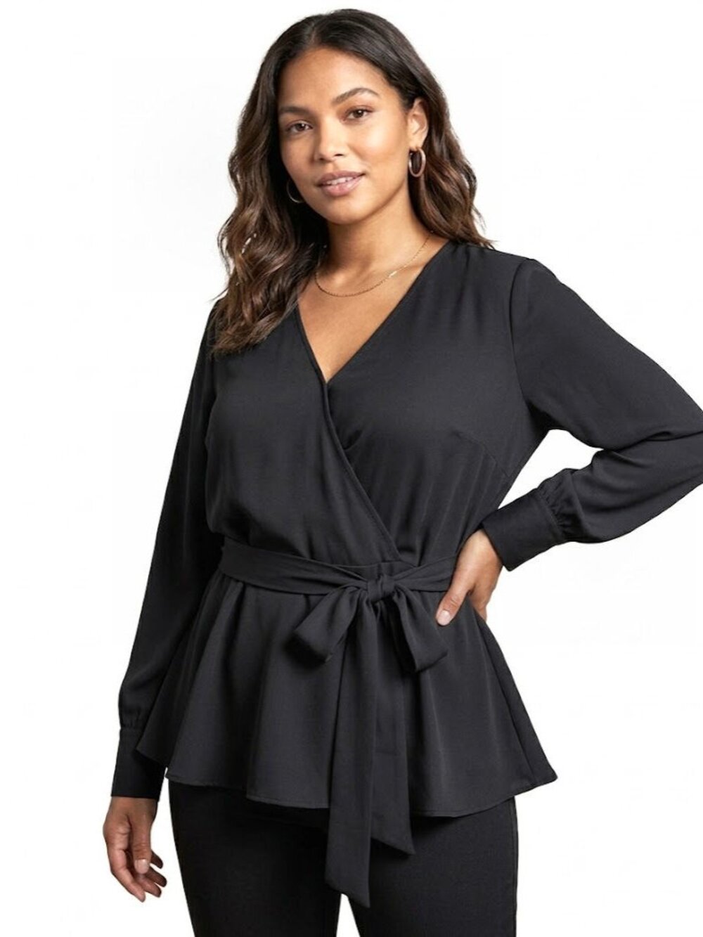 Halogen Faux-Wrap Peplum Blouse with Tie-Waist, Black Womens Size Medium